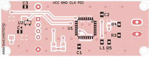 Vector printed circuit board of electronic 
device with components of radio elements, 
conductors and contact pads placed on pcb. 
Engineering technical drawing. Computer technic cad design.