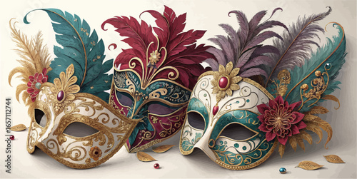 Three ornate venetian masks with feathers and embellishments in varying colors and designs are displayed