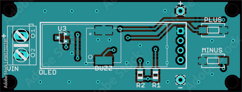 Vector printed circuit board of electronic 
device with components of radio elements, 
conductors and contact pads placed on pcb. 
Engineering technical drawing. Computer technic cad design.