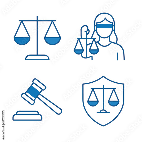 Law and Justice Icons: Scales, Gavel, Lady Justice, Shield