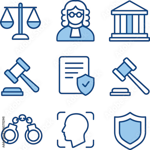 Law and Justice Icons Set: Scales, Gavel, Judge, Court, Shield, Handcuffs