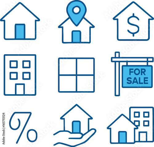 Real Estate Icons Set with Houses, Location, and For Sale Sign