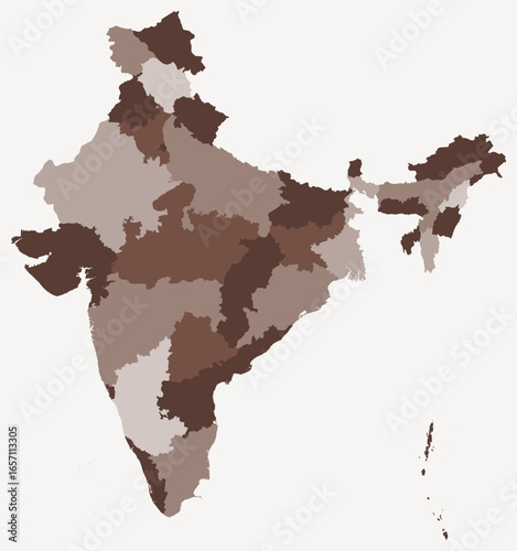 Map of India with states. Just a simple country border map with state division. Brown color palette. Blank India shape with administrative division. Vector illustration.