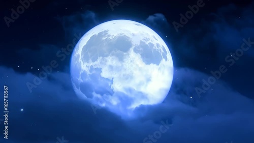 Orbit around glowing moon as clouds flow beneath in slow motion