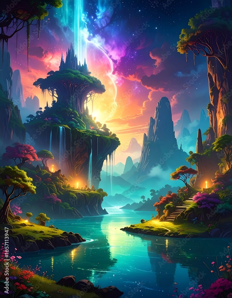 Fototapeta premium Magical landscape, vibrant colors, fantasy
