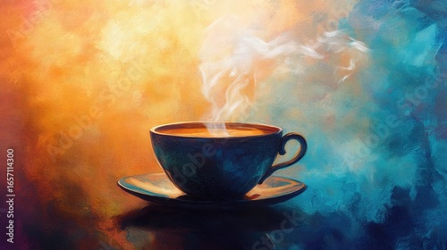 A steaming cup of coffee sits on a saucer, surrounded by an abstract, colorful background, evoking warmth and comfort.
