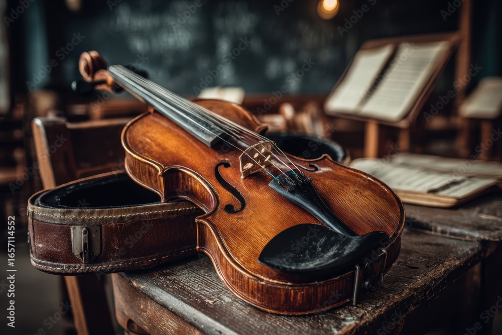 Fototapeta premium An antique wooden violin resting on a rustic table with blurred music scores.