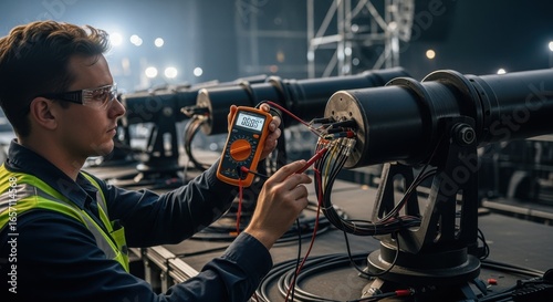 Technician using multimeter to verify circuit continuity of pyrotechnic cannon wiring system for flawless pyrotechnics show.
