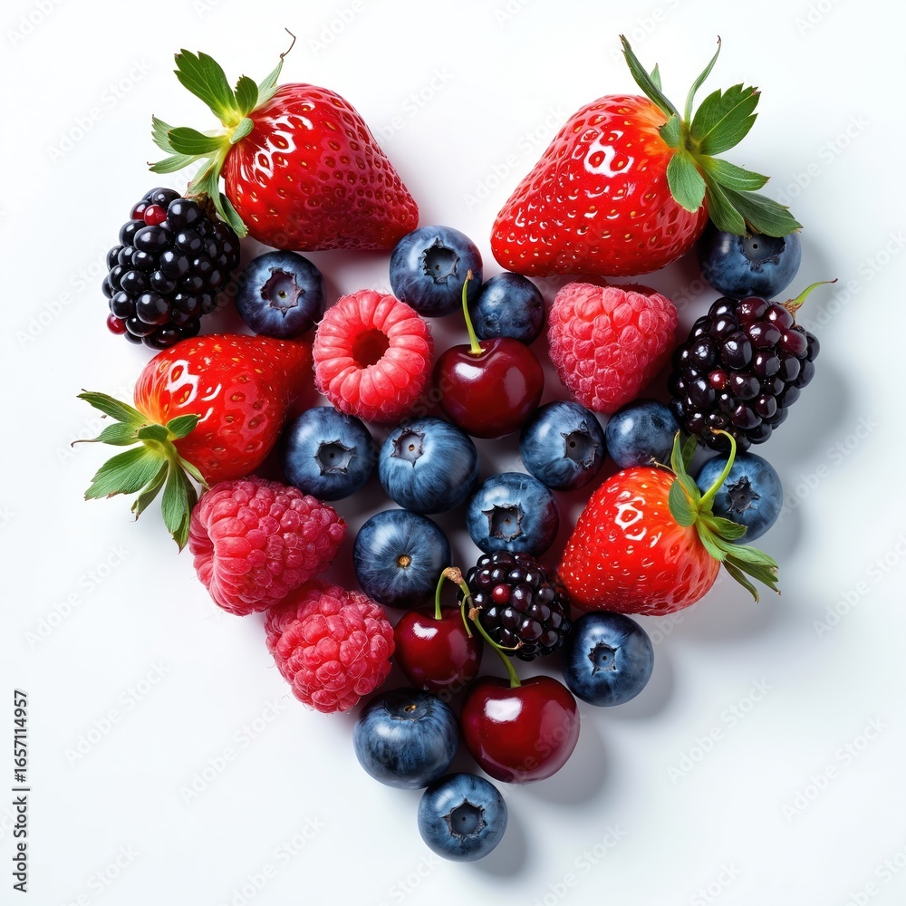 Obraz premium Heart-shaped arrangement of fresh mixed berries including strawberries, blueberries, raspberries, blackberries, cherries. Vibrant natural colors, textures create healthy, organic, appetizing display