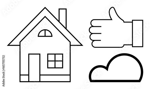 Black and white line art depicting a house, a thumbs-up hand gesture, and a cloud. Ideal for concepts thumbs up approval, home ownership, weather, digital services, environment, positivity