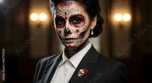 Sophisticated portrait of an elegant woman honoring Mexican tradition with intricate Calavera sugar skull face paint