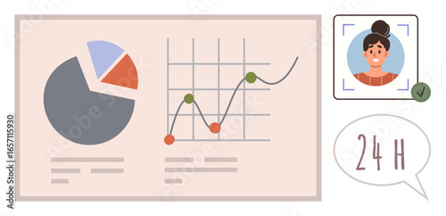 Pie chart and line graph represent data trends, verified user profile highlights identity, plus real-time clock symbol for continuous operations. Ideal for business, analytics, customer service
