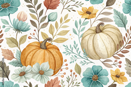 Watercolor autumn harvest pattern with pumpkins flowers and leaves in a seamless repeat design of fall season