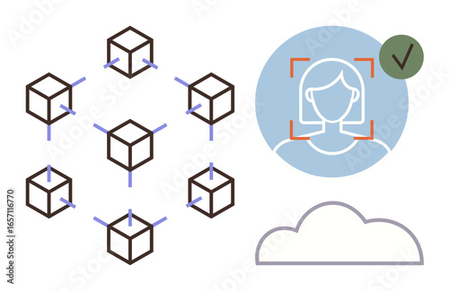Connected blockchain cubes, facial recognition system with approval checkmark, and cloud icon. Ideal for technology, security, data, blockchain, authentication biometrics innovation. A simple flat