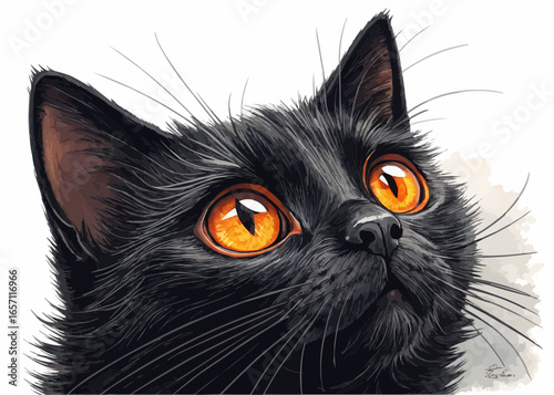 Close up of a black cat looking up with striking orange eyes and detailed fur texture on a white backdrop
