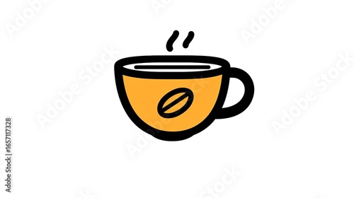 A stylized illustration of a coffee cup with steam, featuring a vibrant yellow color and a coffee bean design.