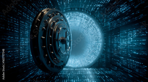 A large vault door leads into a room filled with digital code, symbolizing data security.