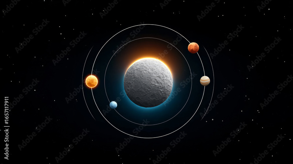 Fototapeta premium Futuristic touchscreen display with animated asteroid orbiting solar system scene