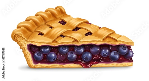 Delicious Blueberry Pie Slice with Golden Lattice Crust and Juicy Berries Illustration Isolated on White