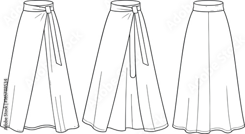 Wrap skirt variations front and back views, side tie closure, layered overlap panel, full length plain design, flat technical garment sketch, apparel fashion vector illustration