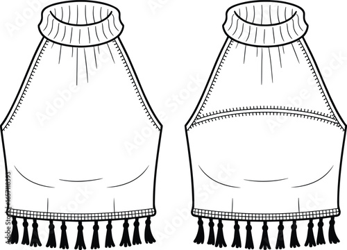 Sleeveless halter neck tops front views, high neckline design, tassel fringe hem, chest seam variation, flat technical garment sketch, apparel fashion vector illustration
