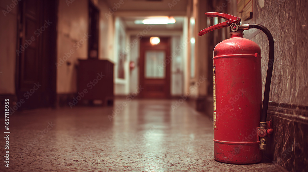 Obraz premium Vibrant red fire extinguisher stands ready in a dimly lit hallway, safety, preparedness.