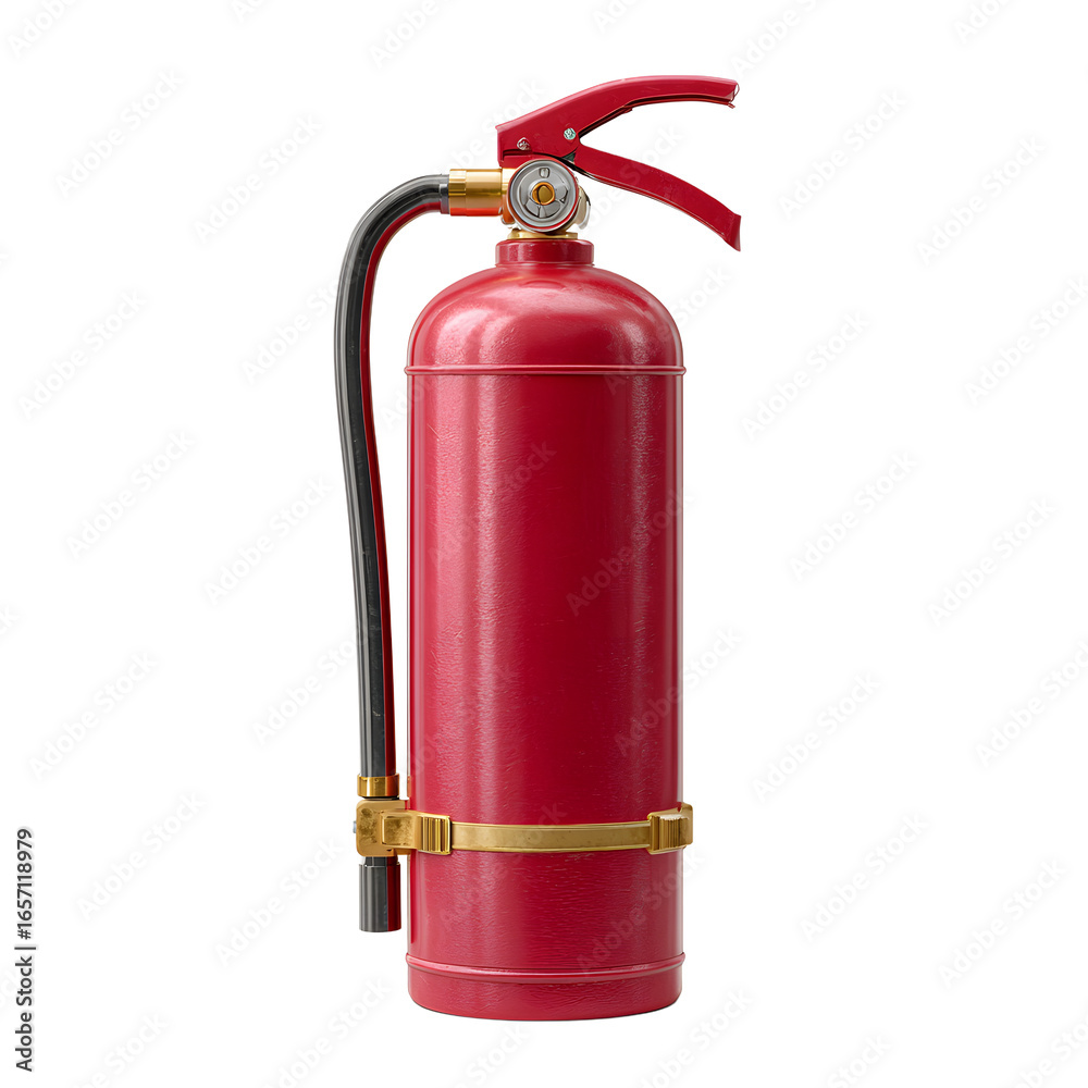 Fototapeta premium A red fire extinguisher stands ready for use, featuring gold accents and a black hose nozzle.