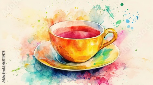 A vibrant watercolor illustration of a yellow teacup filled with tea, resting on a colorful saucer surrounded by splashes of paint.