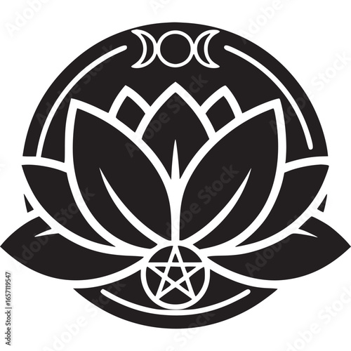 Lotus flower with triple moon and pentacle isolated on white background, a symbol of spirituality, magic, and the goddess in wicca and pagan traditions