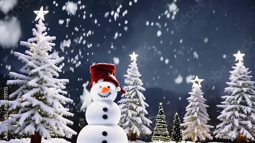 rhythm flakes slowly falling around a snowman and lit Christmas trees in sequence