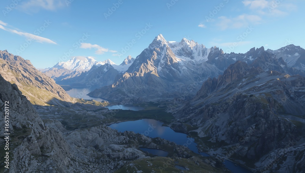 Obraz premium Stunning aerial view of majestic mountains with serene lakes under a bright blue sky
