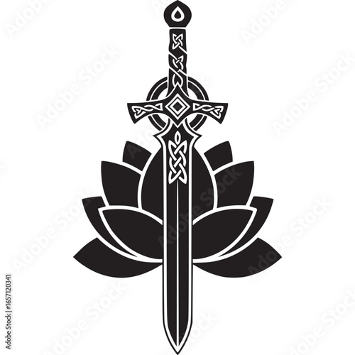 An intricate black and white illustration of a celtic sword piercing a lotus flower, isolated on white background, symbolizing a fusion of cultures