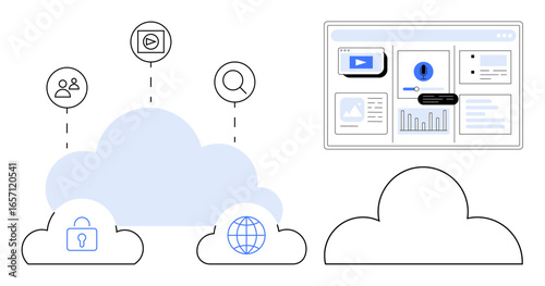 Multiple cloud icons connected to user, lock, globe, and search, paired with a data dashboard. Ideal for technology, networking, digital protection, analytics teamwork streaming remote systems