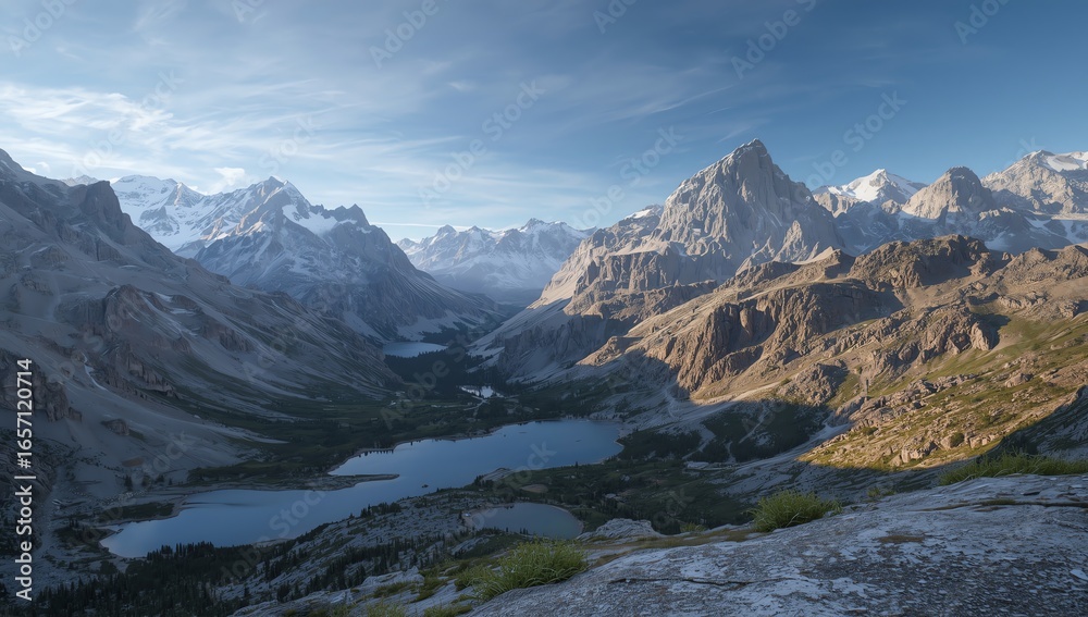 Obraz premium Panoramic vista of majestic snow-capped mountains and serene alpine lakes within a deep, rugged valley, showcasing untouched natural beauty under a vast, clear sky