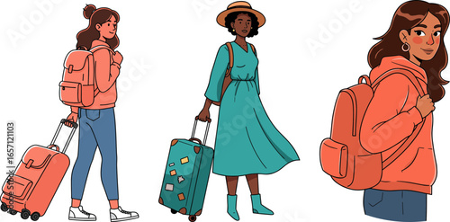 Women traveling with colorful luggage and stylish outfits in daylight  