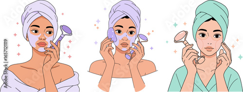 Woman using skincare products and beauty tools at home  