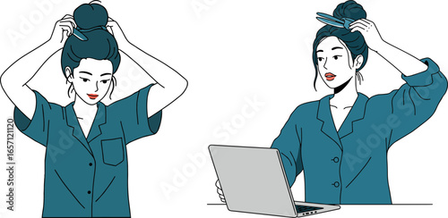 Young woman putting hair up while sitting at laptop indoors  