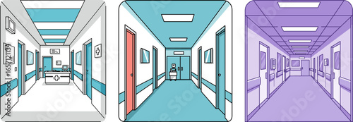 Hospital hallway illustrations in three distinct color styles  