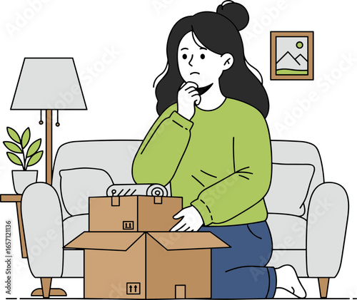 Young woman sitting on floor thinking while unpacking cardboard boxes  