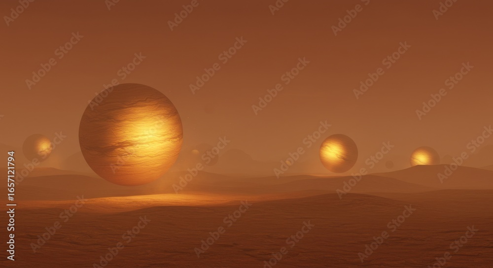Obraz premium Mysterious glowing orbs float above a vast, desolate alien landscape