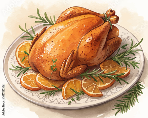 A watercolor illustration of a roasted chicken garnished with orange slices and rosemary sprigs on a plate