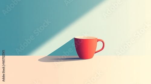 A minimalist image featuring a red cup casting a shadow on a light surface, with a soft gradient background.