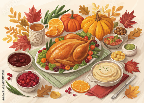 A thanksgiving feast featuring a roasted turkey with side dishes and autumn leaves decoration arranged nicely