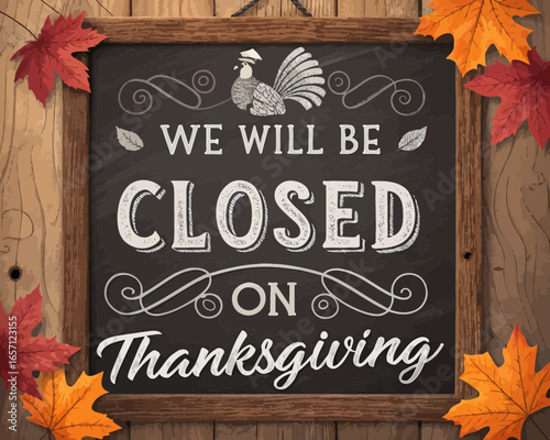 We will be closed on thanksgiving sign with turkey and fall leaves on a wooden background design art
