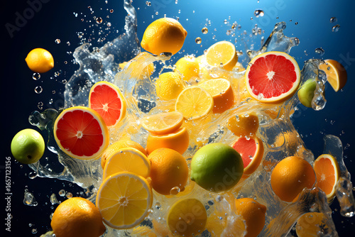 Sliced oranges and limes splash into water creating a refreshing scene in a vibrant setting