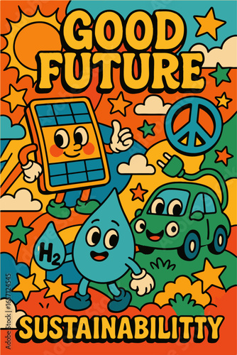 Retro-Psychedelic Pop Art Collage „Good Future“ mit nachhaltigen Symbolen
