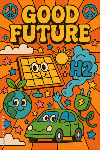 Retro-Psychedelic Pop Art Collage „Good Future“ mit nachhaltigen Symbolen