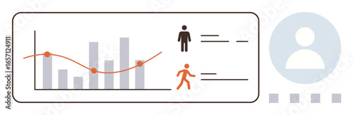 Bar chart and line graph alongside user profile icons and activity symbols. Ideal for data tracking, analytics, performance monitoring, statistics, digital dashboards, user insights, simple flat