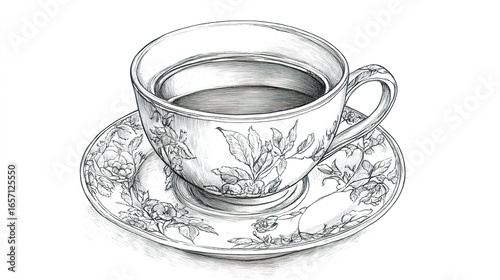 A detailed illustration of a floral-patterned teacup and saucer, showcasing intricate designs and filled with liquid.