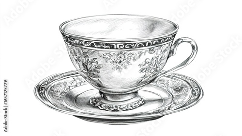 A beautifully detailed sketch of an ornate tea cup and saucer, showcasing intricate floral designs and elegant craftsmanship.